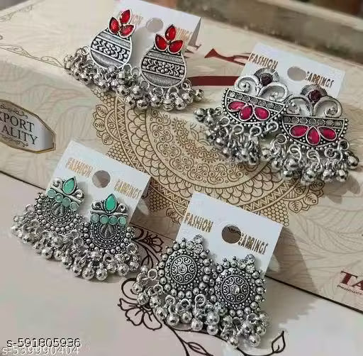 Muski Trend Combo of 4 Pairs Traditional Oxidised Silver Earrings