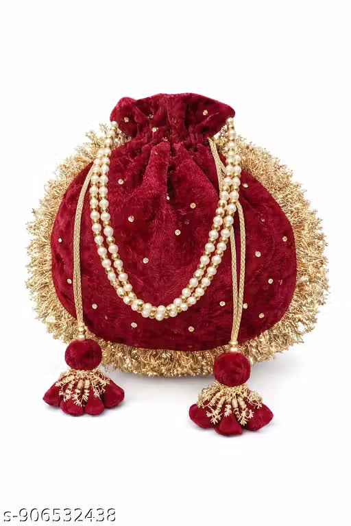 RagsNThreads Bridal Maroon Velvet Potli Bag – Designer Gold Tassel & Pearl Handle Purse