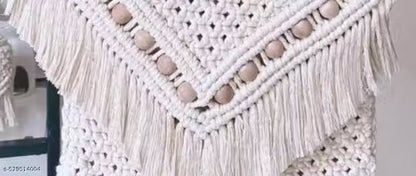Handmade Macrame Boho-Chic Crossbody Bag – Stylish Off-White Shoulder Bag with Tassels