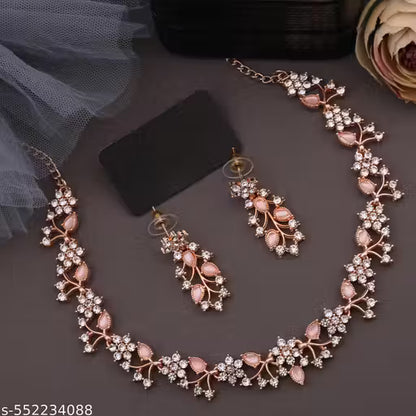 Elegant Rose Gold-Plated Stone Studded Necklace Set with Matching Earrings