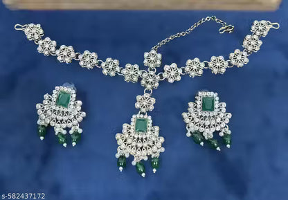 Designer Green Mehndi-Plated Necklace Set with Beads & Gold Accents