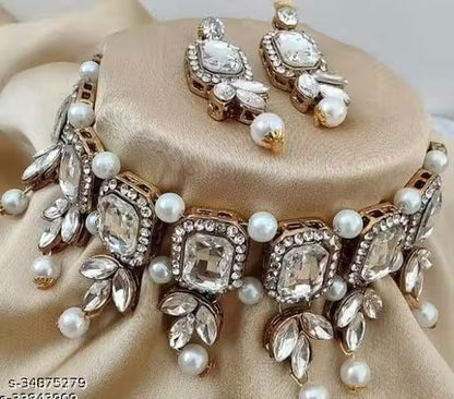 Traditional Gold-Plated American Diamond Necklace Set – Sparkling CZ Choker & Earrings Combo
