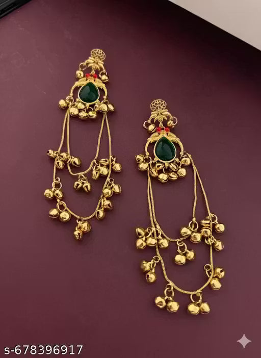Gold-Plated Green Stone Long Jhumkas – Traditional Ghungroo & Pearl Ethnic Earrings