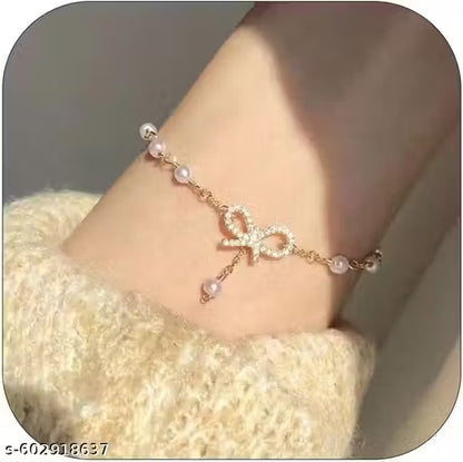 Chic Gold-Plated Bow & Pearl Bracelet with Sparkling American Diamonds
