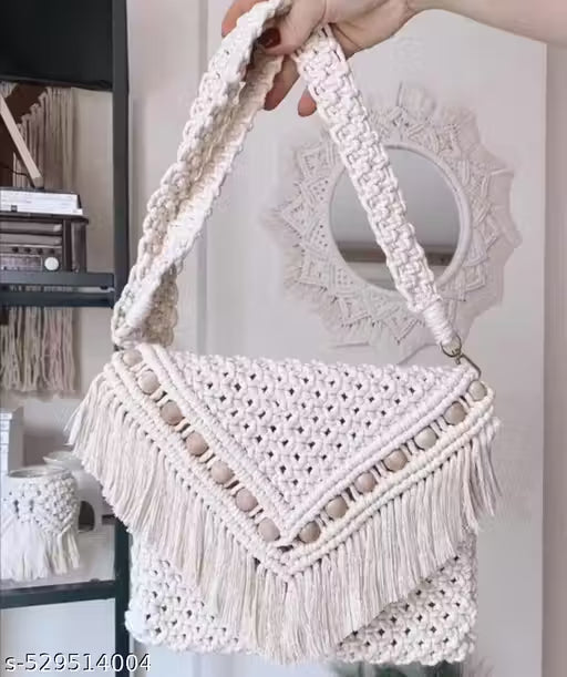 Handmade Macrame Boho-Chic Crossbody Bag – Stylish Off-White Shoulder Bag with Tassels