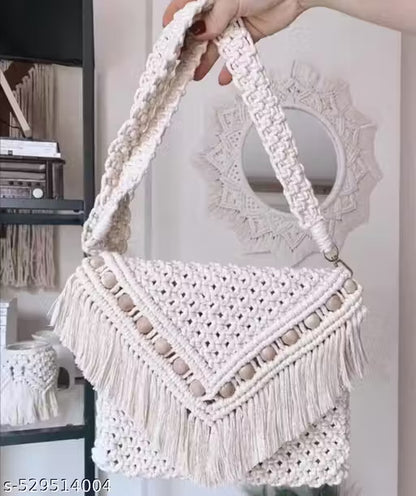 Handmade Macrame Boho-Chic Crossbody Bag – Stylish Off-White Shoulder Bag with Tassels
