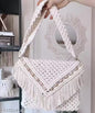 Handmade Macrame Boho-Chic Crossbody Bag – Stylish Off-White Shoulder Bag with Tassels