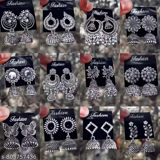 Pack of 12 Oxidised Silver Jhumka & Chandbali Combo – Traditional Peacock & Floral Earring Set