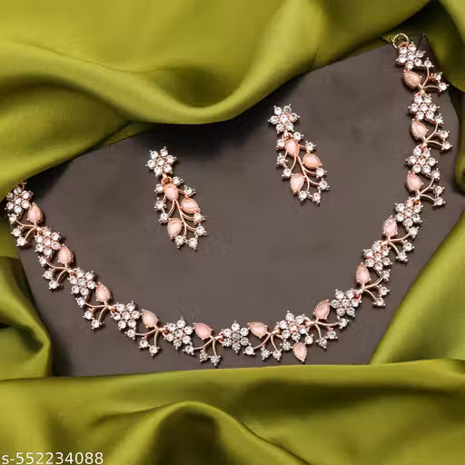 Elegant Rose Gold-Plated Stone Studded Necklace Set with Matching Earrings