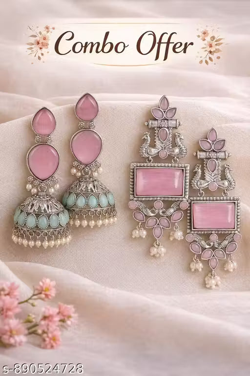 Pink Stone Gold-Plated Earring Combo – Premium CZ Jhumka & Chandelier Set (Pack of 2)