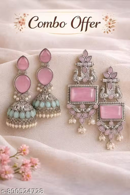 Pink Stone Gold-Plated Earring Combo – Premium CZ Jhumka & Chandelier Set (Pack of 2)