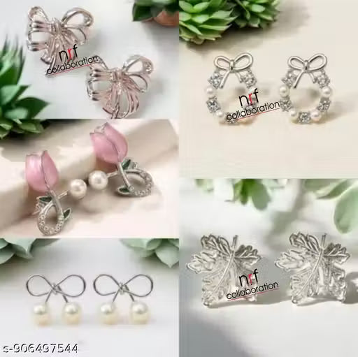 Korean Bow & Pearl Earring Combo (Pack of 5) – Trendy Oxidised Silver Western Earrings