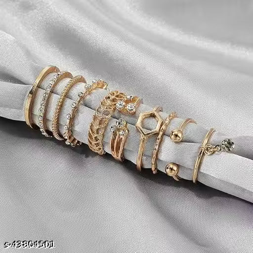 8-Piece Gold Plated Multi-Design Ring Set – White Crystal & Heart Detail Boho Stack