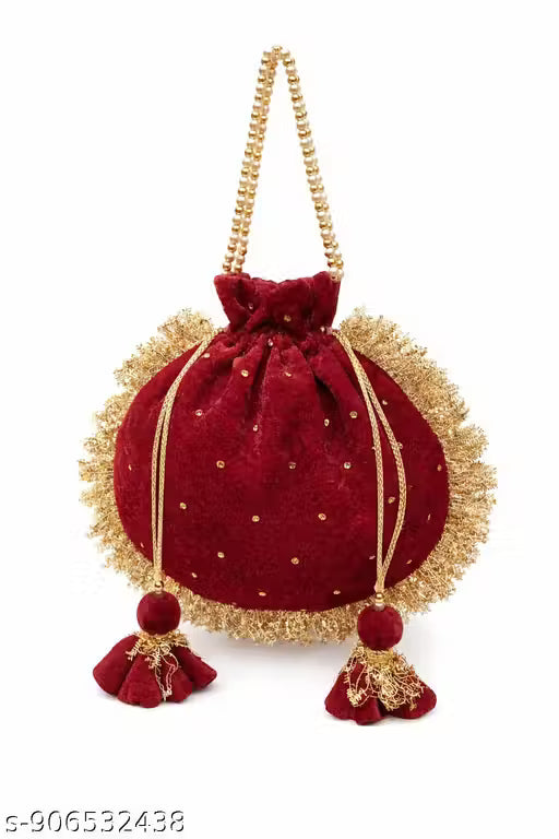 RagsNThreads Bridal Maroon Velvet Potli Bag – Designer Gold Tassel & Pearl Handle Purse