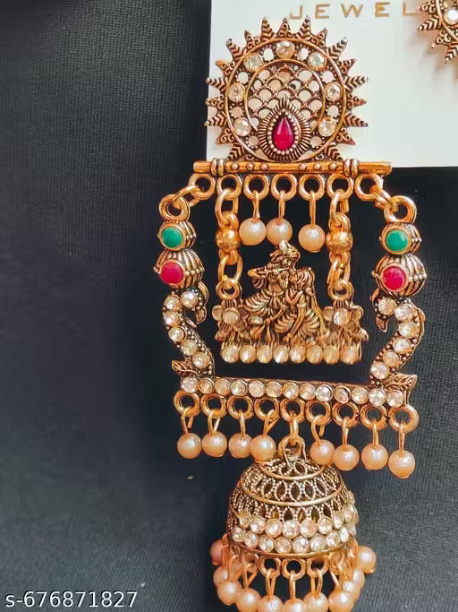 Santa Boutique Radha Krishna Multicolor Designer Earrings – Gold Plated Divine Jhumkas