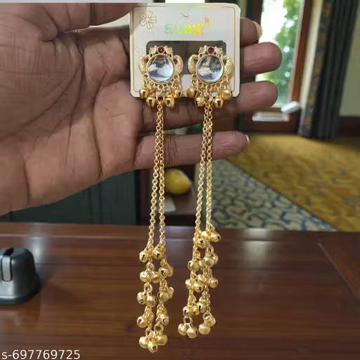 Traditional Kashmiri Gold-Plated Long Earrings – Elegant Ethnic Jhumka for Weddings