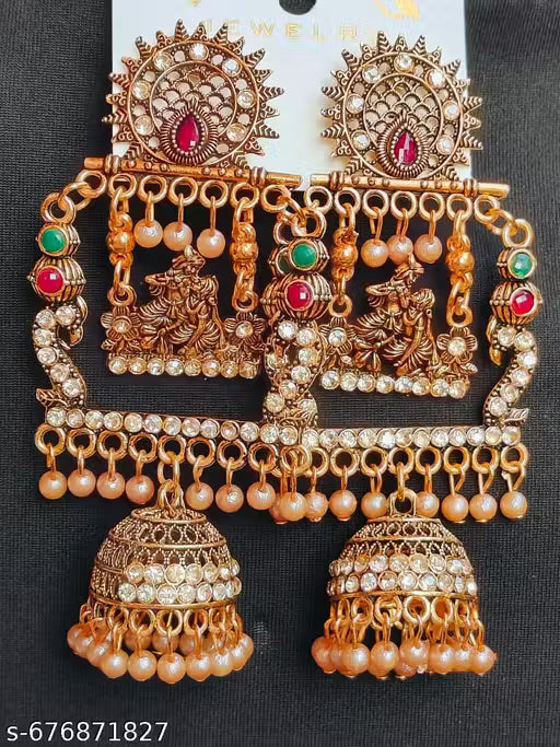 Santa Boutique Radha Krishna Multicolor Designer Earrings – Gold Plated Divine Jhumkas