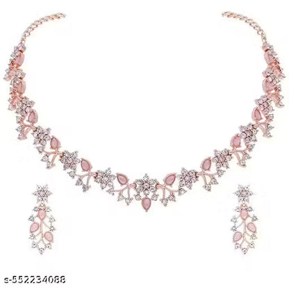 Elegant Rose Gold-Plated Stone Studded Necklace Set with Matching Earrings
