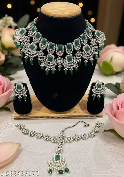 Designer Green Mehndi-Plated Necklace Set with Beads & Gold Accents