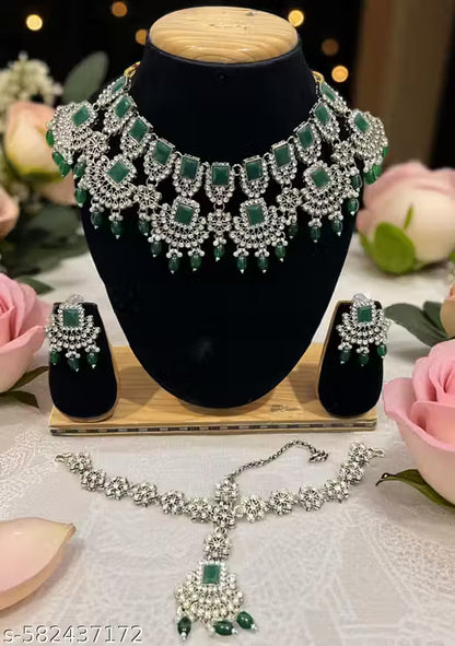 Designer Green Mehndi-Plated Necklace Set with Beads & Gold Accents
