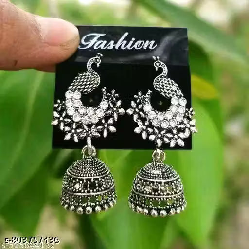 Pack of 12 Oxidised Silver Jhumka & Chandbali Combo – Traditional Peacock & Floral Earring Set