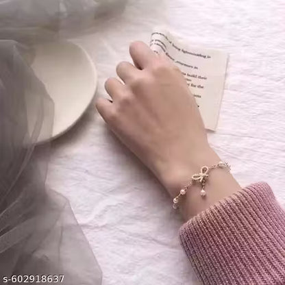 Chic Gold-Plated Bow & Pearl Bracelet with Sparkling American Diamonds