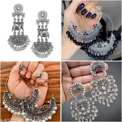Pack of 4 Traditional Oxidized Silver Jhumka Earrings Combo with Pearl Drops