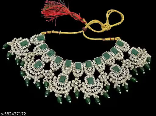 Designer Green Mehndi-Plated Necklace Set with Beads & Gold Accents