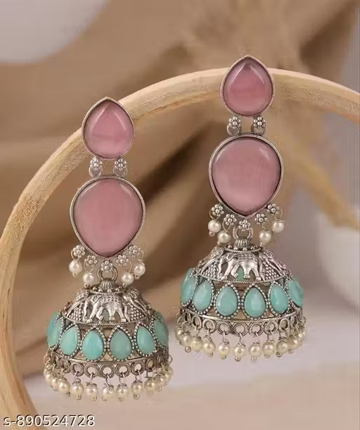 Pink Stone Gold-Plated Earring Combo – Premium CZ Jhumka & Chandelier Set (Pack of 2)