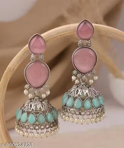 Pink Stone Gold-Plated Earring Combo – Premium CZ Jhumka & Chandelier Set (Pack of 2)