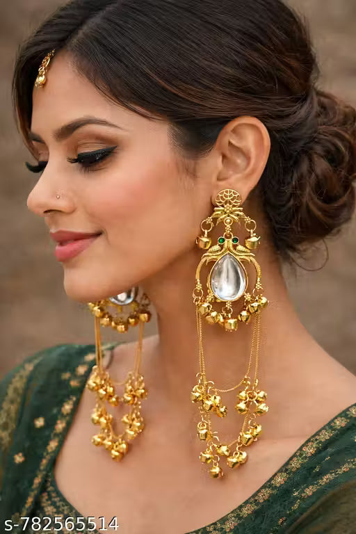 Traditional Gold-Plated Long Ghungroo Chandbalis – Ethnic Pearl Studded Earrings