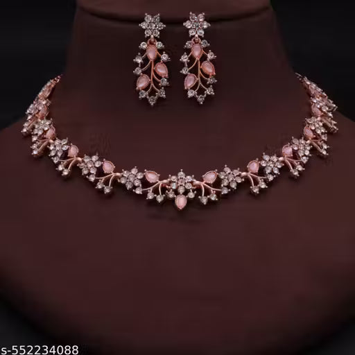 Elegant Rose Gold-Plated Stone Studded Necklace Set with Matching Earrings